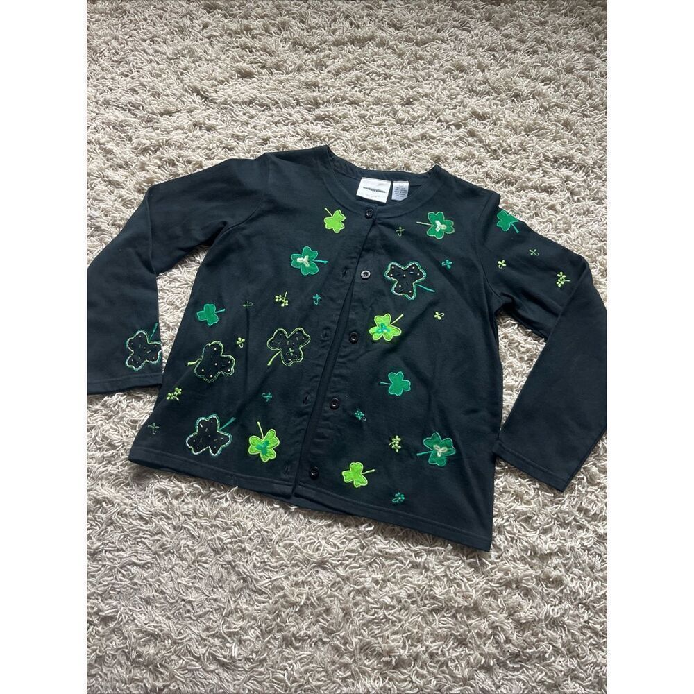 Michael Simon Sweater St Patrick’s Day Cardigan Sweater Small beaded Shamrocks L